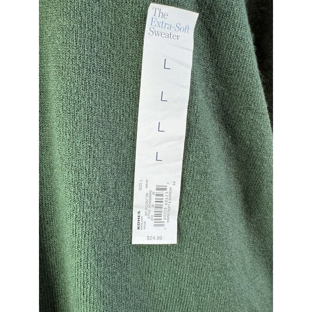 Croft & Barrow Sweater Large Green The Extra Soft V Neck Long Sleeve Womens NWT